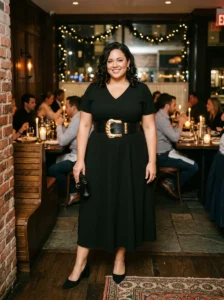 Alt Text: Plus-size woman checking the fit and comfort of a night-out outfit.