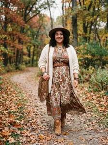 Alt Text: Plus size woman wearing flat leather sandals with a boho outfit.