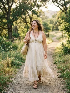 Alt Text: Plus size woman wearing a flowing boho maxi dress.