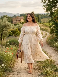 Alt Text: Plus size woman wearing an off-the-shoulder boho midi dress.