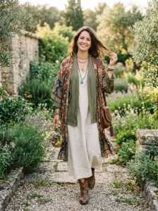 Alt Text: Mom wearing a printed boho kimono over a simple outfit