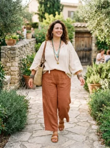 Alt Text: Plus size woman wearing a printed maxi skirt with a solid tank.