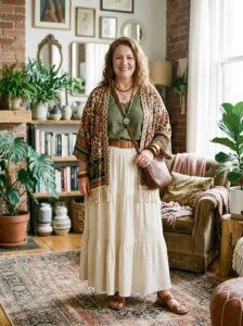 Alt Text: Plus size woman wearing a relaxed boho outfit in earthy tones.