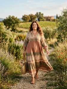Alt Text: Plus size woman wearing a woven fringe crossbody bag.