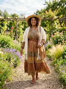 Alt Text: Plus size woman wearing a comfortable stylish boho outfit.