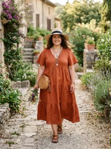 Alt Text: Plus size woman wearing a wide-brimmed straw hat with a boho dress.