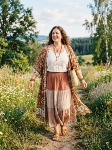 Alt Text: Plus size woman wearing a stylish flowing boho outfit.