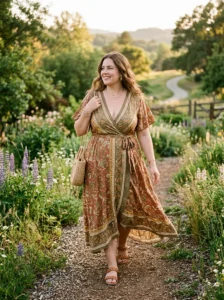 Alt Text: Plus size woman wearing an embroidered blouse with flowy trousers.