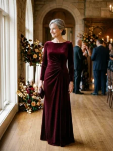 Alt Text: Mother of the bride wearing a sophisticated terracotta formal dress.