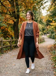 Alt Text: Boho mom wearing a button-down tunic and leggings