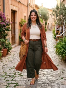 Alt Text: Plus size woman wearing wide-leg jeans with a flowy top.