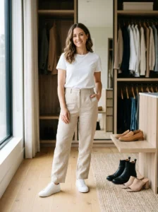 Alt Text: Woman choosing between different shoes to complete an outfit