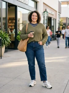 Alt Text: Plus size mom wearing an overall dress layered over a long-sleeve top.