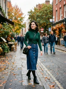 Woman wearing a long denim skirt with a fitted top and long cardigan layered over it