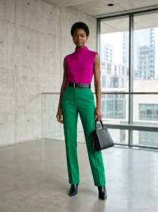 Alt Text: Stylish outfit demonstrating the difference between color blocking and color mixing