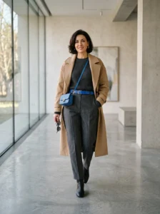 Alt Text: Woman wearing a balanced colorful outfit that looks bold without feeling overwhelming