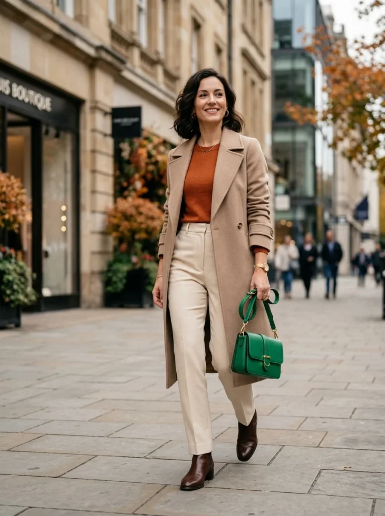 Alt Text: Woman wearing a bold but balanced colorful outfit with coordinated neutral tones