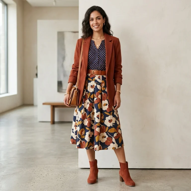 Alt Text: Woman wearing a coordinated outfit with mixed prints in contrasting scales