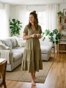 Alt Text: Stylish and practical boho mom outfit with relaxed layers