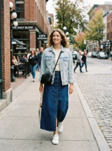 Alt Text: Long denim skirt with belted blouse and loafers