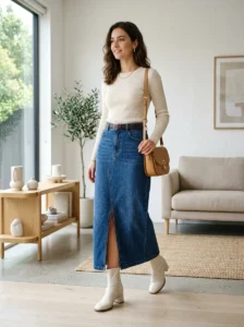 Alt Text: Woman styling a long denim skirt with a fitted top and modern shoes