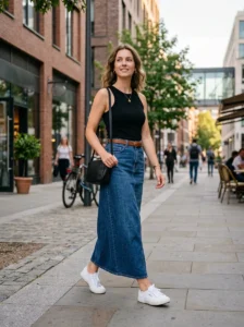 Alt Text: Long denim skirt styled with a half-tucked oversized tee
