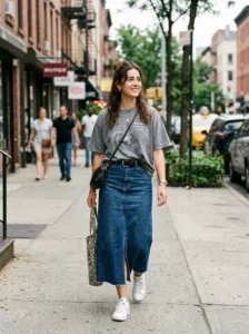 Alt Text: Long denim skirt with cropped cardigan and basic tee