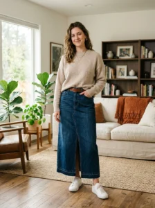Alt Text: Long denim skirt with a basic crewneck sweater