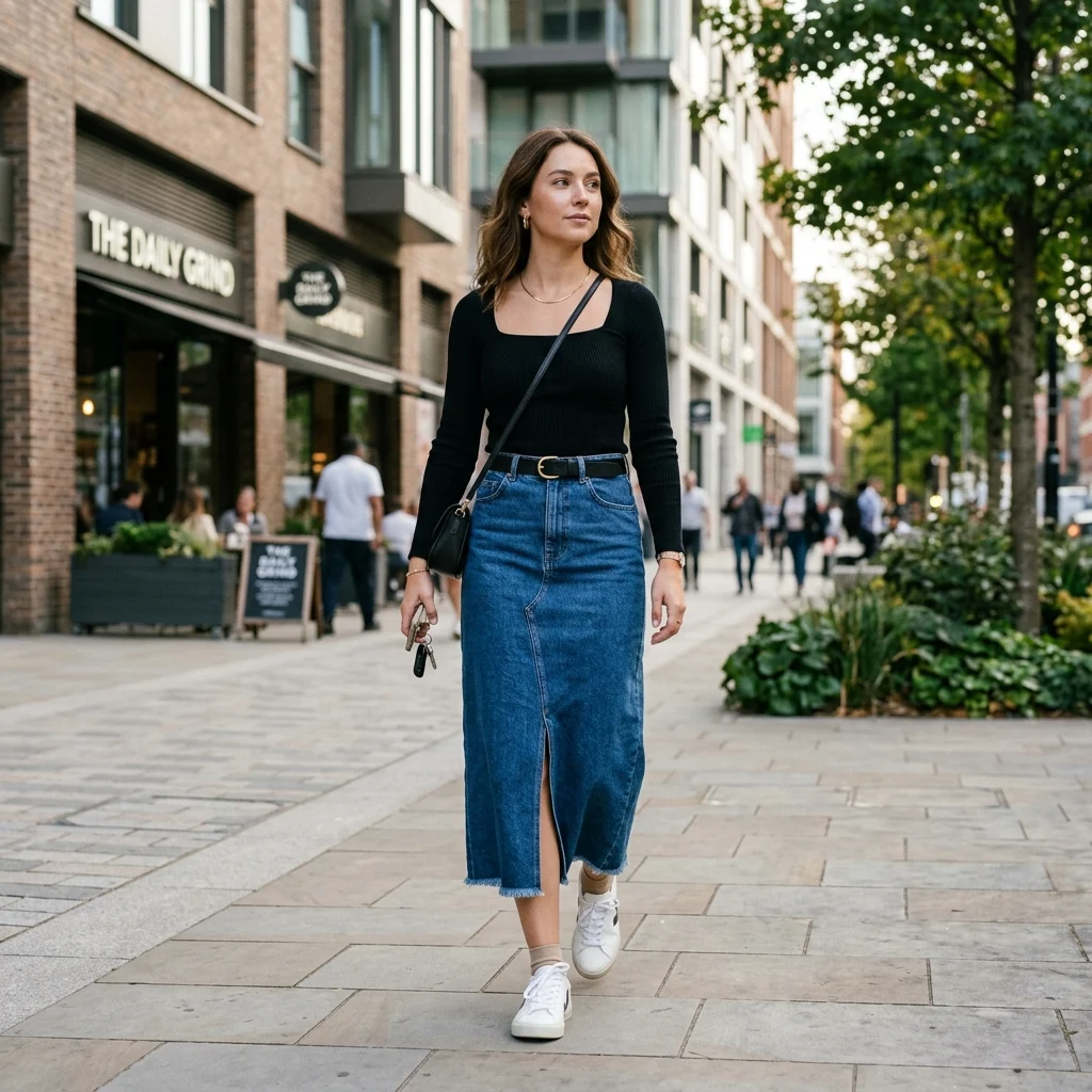 Alt Text: Long denim skirt outfit styled with a fitted top and modern shoes