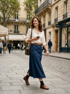 Alt Text: Long denim skirt with blazer and simple top