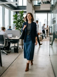 Alt Text: Long denim skirt outfits styled for date night and evening