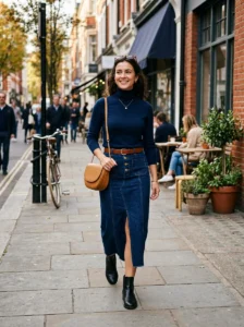 Alt Text: Long denim skirt workwear outfits for the office