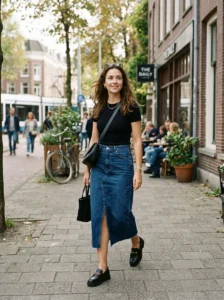 Alt Text: Stylish long denim skirt outfit with effortless modern styling