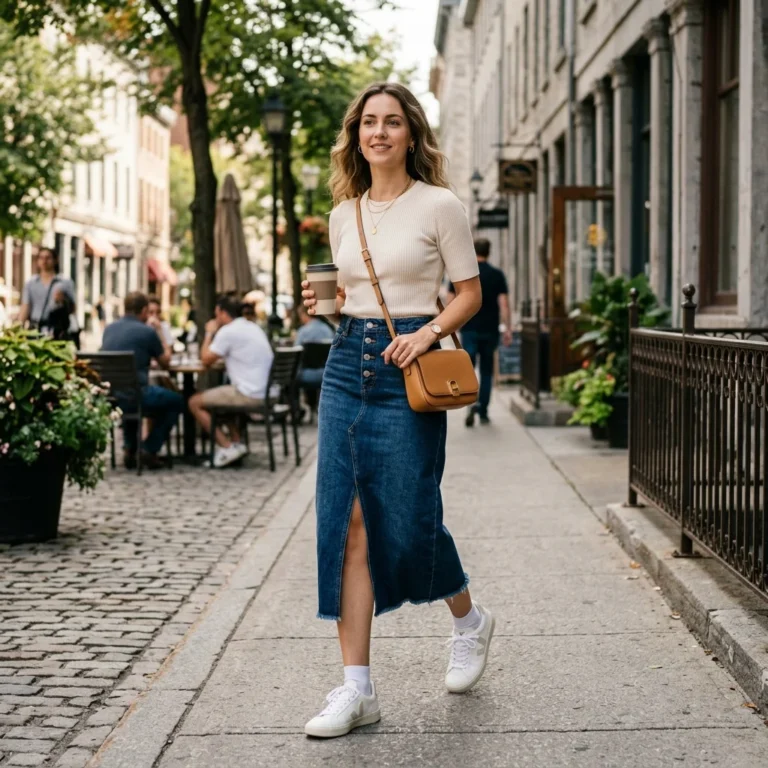 Alt Text: Woman wearing a stylish long denim skirt outfit in a modern casual setting
