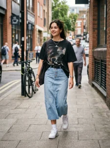 Alt Text: Long denim skirt with a basic crewneck sweater