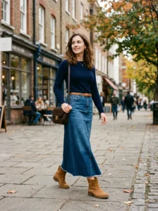 Alt Text: Elevated casual long denim skirt outfits for weekends