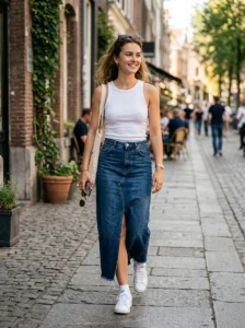 Alt Text: Long denim skirt styled with an oversized half-tucked tee