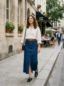 Alt Text: Long denim skirt with fitted sweater and pointed flats