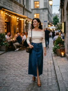 Alt Text: Long denim skirt with silky camisole and heeled sandals