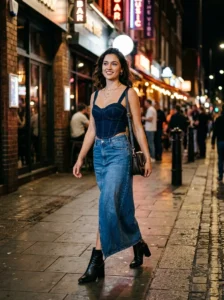 Alt Text: Long denim skirt with long cardigan and simple top