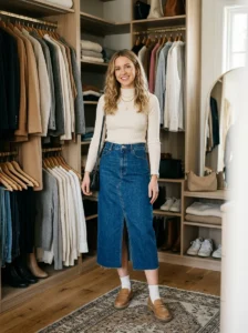 Alt Text: Modern long denim skirt outfit in a stylish wardrobe setting