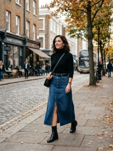 Alt Text: Long denim skirt with corset-style top and heeled boots