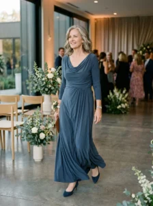 Alt Text: Modern colorful mother of the bride dress in a sophisticated wedding setting