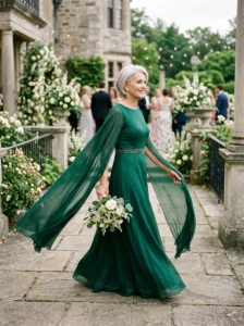 Alt Text: Deep jewel-toned gown for a modern mother of the bride