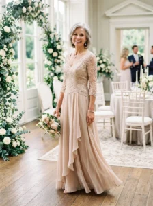 Alt Text: Mother of the bride dress with subtle metallic threading