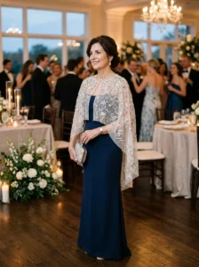 Alt Text: Mother of the bride wearing a unique but elegant wedding guest gown.