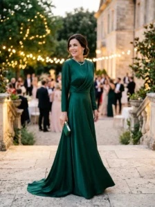 Alt Text: Modern mother of the bride gown with subtle metallic threading