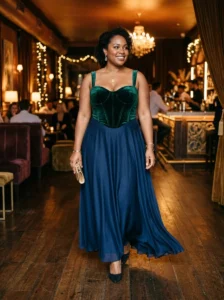 Alt Text: Plus-size woman carrying a metallic clutch with a monochrome evening outfit.