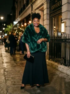 Alt Text: Plus-size woman wearing bold statement heels with a simple evening dress.