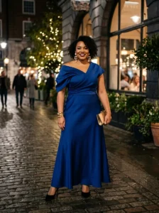 Alt Text: Plus-size woman wearing a well-fitted statement outfit for a night out.